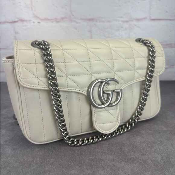 Gucci Aria Calfskin Matelasse Small GG Marmont Shoulder Bag White - Picture 2 of 15
